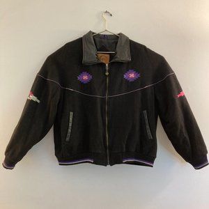 Black Wool Leather Bomber Vtg Jacket Southwest Graphic made in Canada